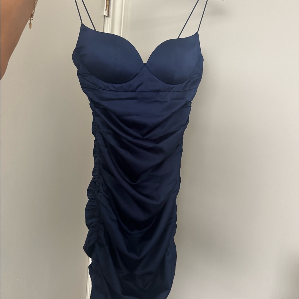Chic Midnight Blue Ruched Corset Midi Dress